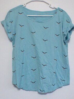 L.L. Bean Signature Women’s Large Blue Bird Print Tee Short Sleeve Cotton Modal
